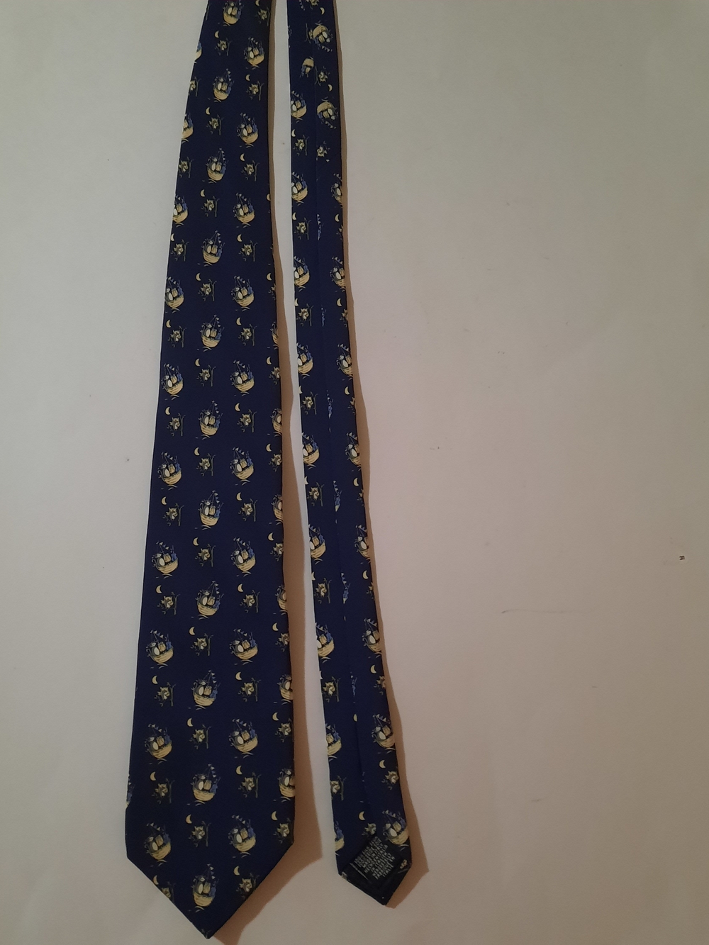 Charleston Tie Rack Navy Blue 100% Silk Whimsical Owl & Moon Print Men's Tie